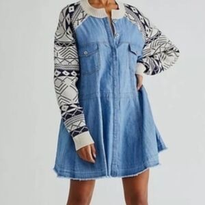 Free People Blue Denim Dress with Patterned Sleeves